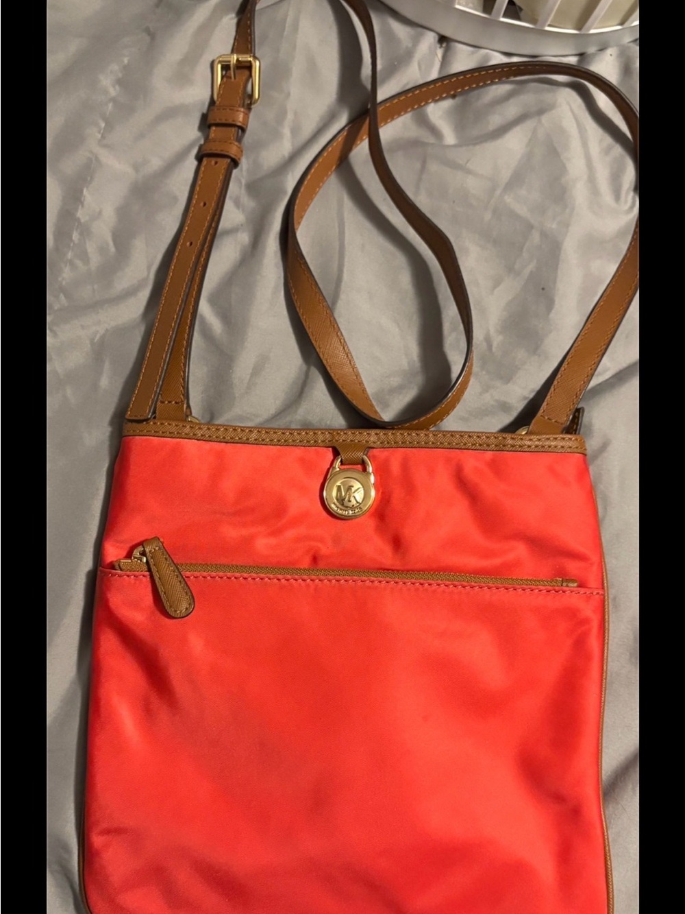 Michael Kors Orange-Red Nylon Crossbody with Brown Trim